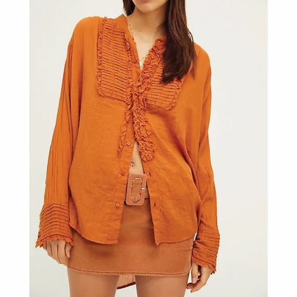 FREE PEOPLE FP ONE Voile Miles Tuxedo Button Down Long Sleeve Shirt Rust Medium - Picture 1 of 12